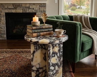 Round Calacatta Marble Side Table, Modern Luxury End Table, Custom Natural Stone Nightstand for Living Room, Free Shipping & Duty Free