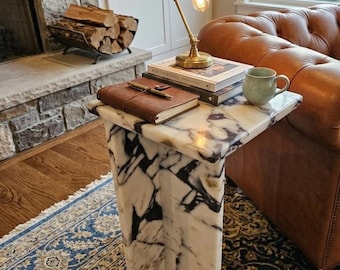 Calacatta Viola Marble Side Table, Marble Plinth Plant Stand, Luxury Marble Pedestal, End Table for Living Room, Column Vase Stand, 9.4