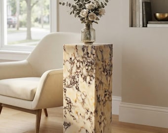 Calacatta Viola Marble Pedestal Table, 24" Natural Stone Side Table, Modern Cube Accent Table, Luxury Home Decor, Made to Order Plinth