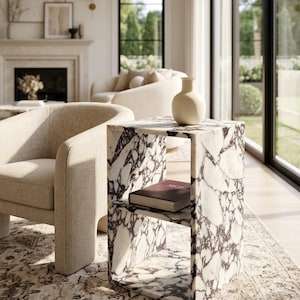 Calacatta Viola Marble Side Table, Luxury Marble Nightstand with Shelf, Natural Stone End Table, Modern Bedside Table, Plinth Coffee Table