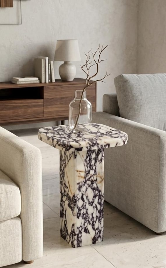 Calacatta Viola Marble Side Table, Luxury Marble Plant Stand, Stone Pedestal for Sculptures, Marble End Table, Modern Column Table
