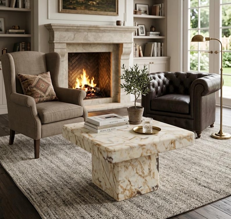 May include: A square coffee table made of polished cream and brown veined stone with a thick block base. On the table sits a small potted green plant, a clear glass tumbler on a gold tray, and two stacked books titled Kinfolk and Architectural.