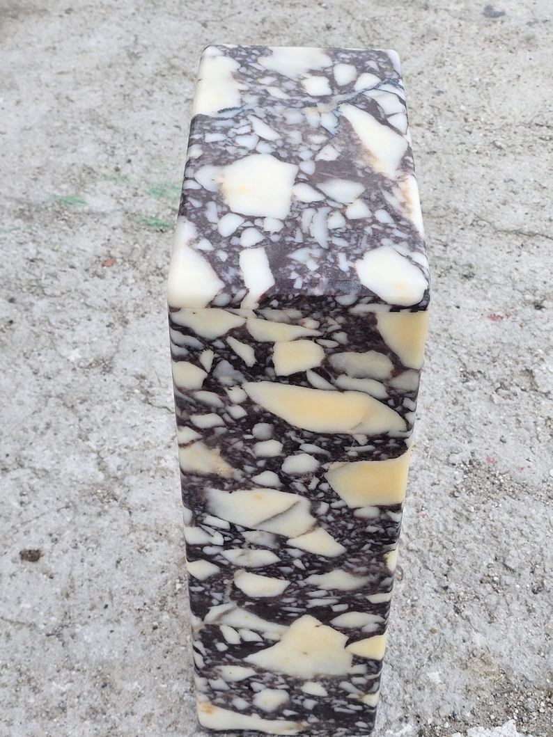 May include: A rectangular, marble-like object with a unique pattern of cream, dark brown, and white veining. The stone has a polished surface and a smooth texture. The object is likely a decorative item or a piece of home decor.