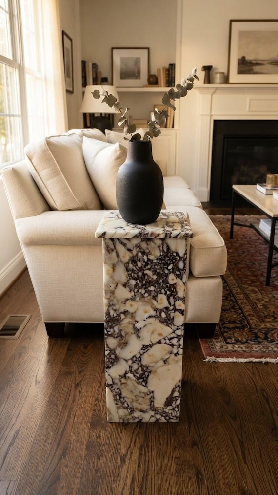 Calacatta Viola Marble End Table, Small Pedestal Side Table, Modern Luxury Home Decor, Unique Purple Marble Accent Table, Coffee Table Stand