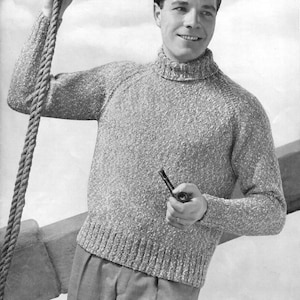 Raglan Turtleneck Pullover Sweater Men&#39;s Sizes · Vintage Knit Pattern | PDF Instant Digital Download