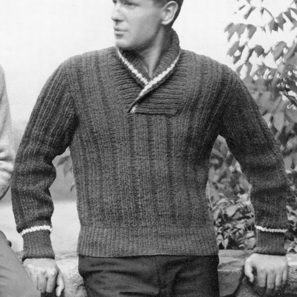 Shawl Collar Ribbed Pullover Sweater Men's Sizes · Vintage Knit Pattern | PDF Instant Digital Download