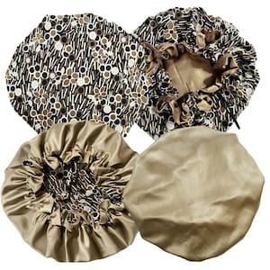May include: Set of four satin bonnets in a brown and black geometric pattern. Two bonnets are solid brown satin and two have a brown and black geometric pattern.
