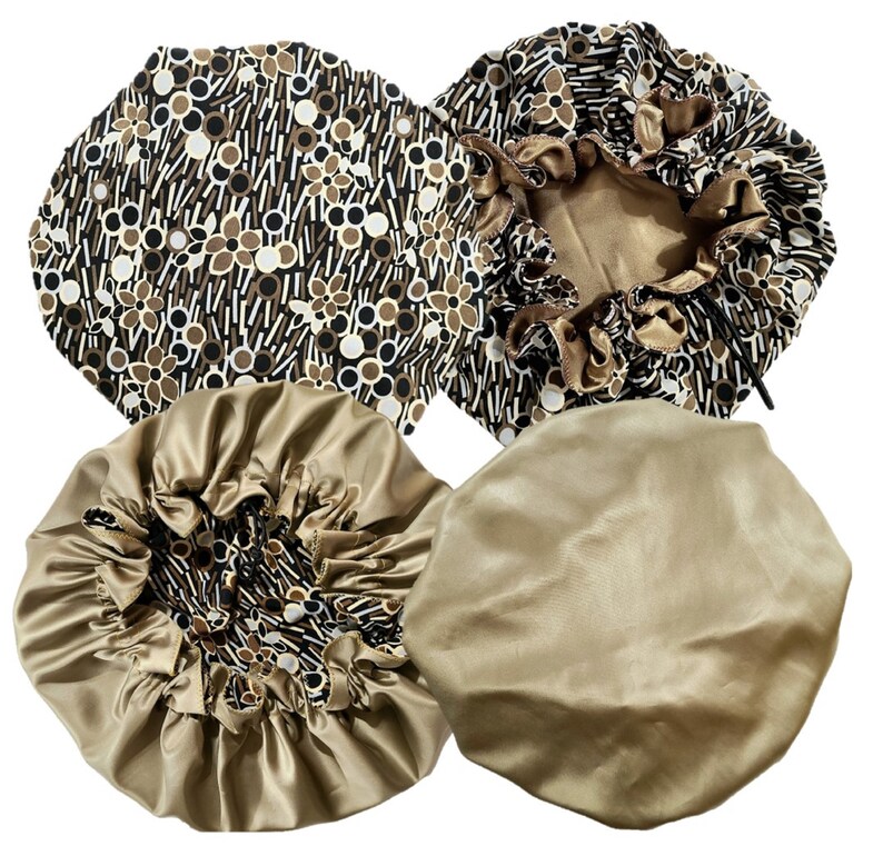May include: Set of four satin bonnets in a brown and black geometric pattern. Two bonnets are solid brown satin and two have a brown and black geometric pattern.
