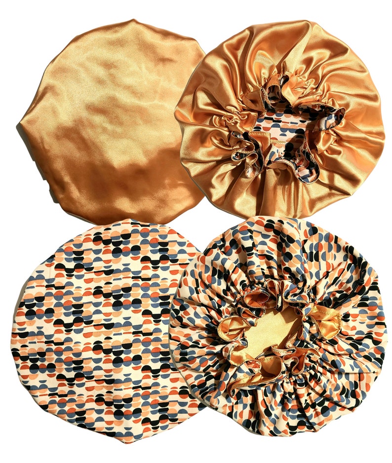 May include: Four satin hair bonnets, two are solid gold and two have a geometric pattern of orange, blue, and black circles on a white background.