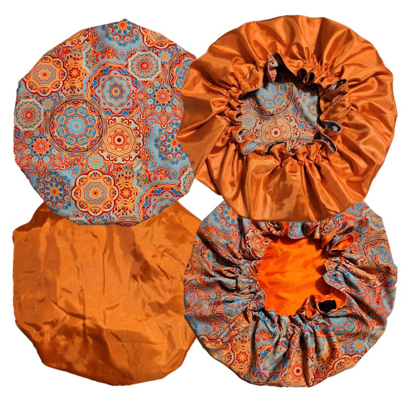 Hair Bonnet | Satin Bonnet | Sleep Bonnet | Sleep Cap | Reversible Bonnet | Adjustable | Unique Patterns Orange