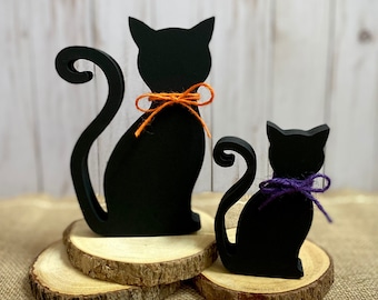 Wood Cat - Halloween Wooden Cat - Black Cat Orange Purple Bow - Halloween Tiered Tray Decor