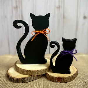 Wood Cat - Halloween Wooden Cat - Black Cat Orange Purple Bow - Halloween Tiered Tray Decor