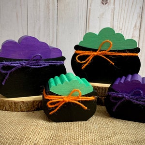 Chunky Wood Cauldron - Witch Potion Cauldron Shelf Sitter - Halloween Witch Tiered Tray Decor - Witch&#39;s Brew Display