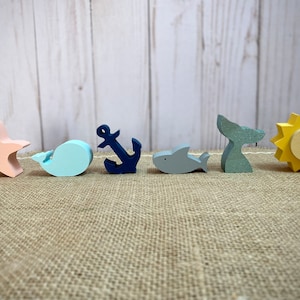 Summer Minis - Chunky Wood Shapes - Starfish Whale Sun Shark Anchor Mermaid Tail - Summer Beach Tiered Tray Decor