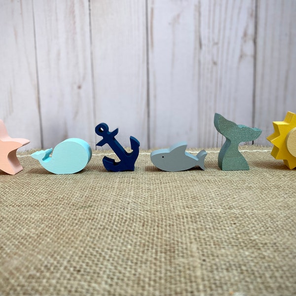 Summer Minis - Chunky Wood Shapes - Starfish Whale Sun Shark Anchor Mermaid Tail - Summer Beach Tiered Tray Decor