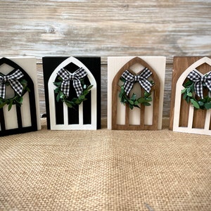 Mini Cathedral Window Wood Blocks - Miniature Wreath - Buffalo Plaid Bow - Farmhouse Tiered Tray Decor