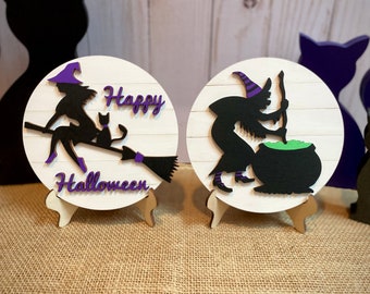 Halloween Witch Wood Sign - Witch Broom Wood Sign - Halloween Tiered Tray Decor - Witch Cauldron Shelf Sitter