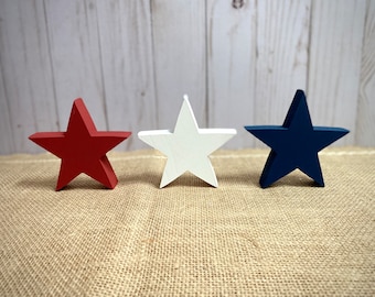 Set of 3 Mini Stars - 3/4" Thick Wooden Stars - Patriotic Red White Blue Stars - July 4th Memorial Day - America Tiered Tray Decor