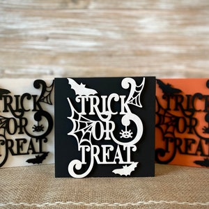 Trick or Treat Wood Block Sign - Halloween Tiered Tray Decor - Spider Webs Bats Spooky Halloween Shelf Sitter