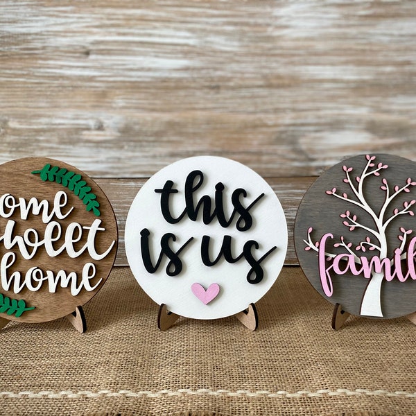 Home & Family Mini Round Signs - This is Us Tiered Tray - Home Sweet Home Decor - Family Shelf Sitter