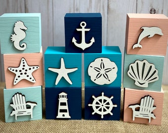 Coastal Nautical Wood Blocks - Beach House Decor - Beach Vacation Tiered Tray Decor - Summer Shelf Sitters