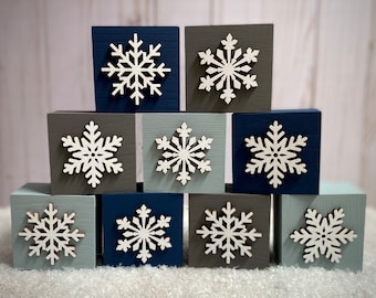 Snowflake Wood Blocks - Winter Snow Decor - Snowflake Tiered Tray Decor - Winter Shelf Sitters
