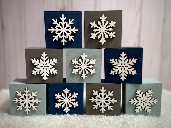 Snowflake Wood Blocks - Winter Snow Decor - Snowflake Tiered Tray Decor - Winter Shelf Sitters