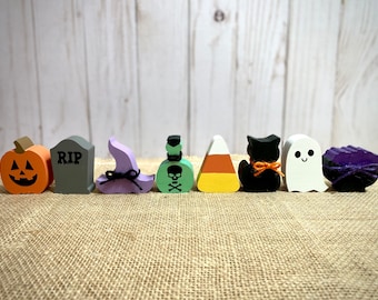 Halloween Wood Minis - Chunky Wood Shapes - Cute Spooky Halloween Tiered Tray Decor - Candy Corn Cat Witch Ghost Potion Tombstone Pumpkin