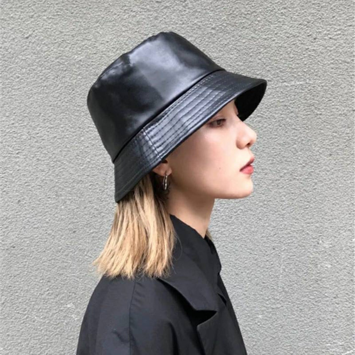 Black leather bucket hat Vintage Glossy hat brown bucket hat | Etsy