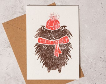 Handprinted Lino Cut Christmas Hedgehog Card, Festive Hedgehog Card, Merry Christmas Hedgehog, Handprinted Hedgehog Card