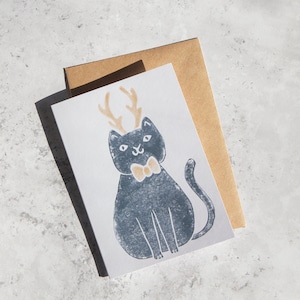 Handprinted Lino Cut Christmas Cat Card, Festive Cat Card, Merry Christmas Cat Card, Handprinted Cat Card image 1