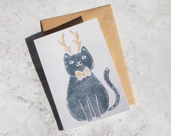 Handprinted Lino Cut Christmas Cat Card, Festive Cat Card, Merry Christmas Cat Card, Handprinted Cat Card