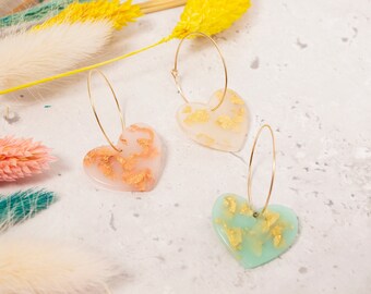 Gold Leaf Resin Heart Hoop Earrings, Hoop Heart Earrings, Resin Earrings, Pink Heart Hoops, Green Heart Earrings, Gold Leaf Hearts.