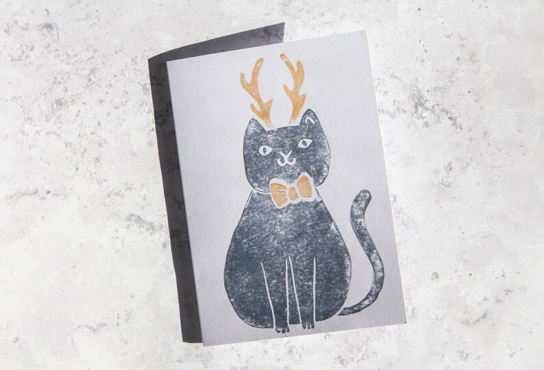 Handprinted Lino Cut Christmas Cat Card, Festive Cat Card, Merry Christmas Cat Card, Handprinted Cat Card image 5