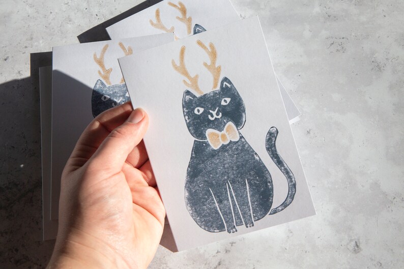 Handprinted Lino Cut Christmas Cat Card, Festive Cat Card, Merry Christmas Cat Card, Handprinted Cat Card image 4