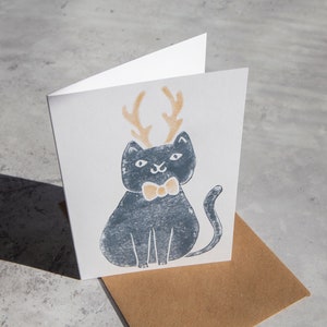 Handprinted Lino Cut Christmas Cat Card, Festive Cat Card, Merry Christmas Cat Card, Handprinted Cat Card image 2