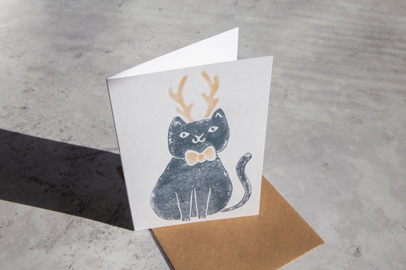 Handprinted Lino Cut Christmas Cat Card, Festive Cat Card, Merry Christmas Cat Card, Handprinted Cat Card image 2