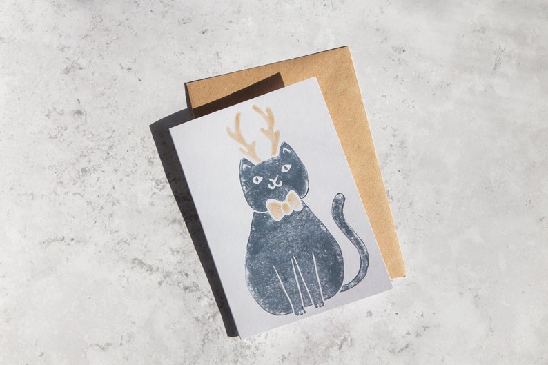 Handprinted Lino Cut Christmas Cat Card, Festive Cat Card, Merry Christmas Cat Card, Handprinted Cat Card image 1