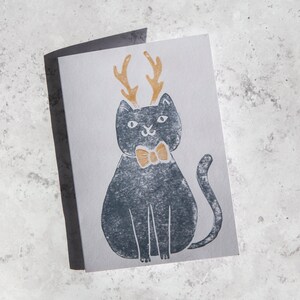 Handprinted Lino Cut Christmas Cat Card, Festive Cat Card, Merry Christmas Cat Card, Handprinted Cat Card image 3