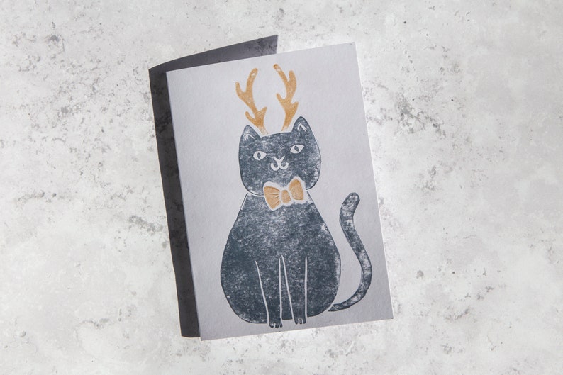 Handprinted Lino Cut Christmas Cat Card, Festive Cat Card, Merry Christmas Cat Card, Handprinted Cat Card image 3