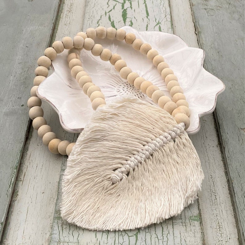 Macramé Feather Tassel With Wooden Beads , Wooden Bead Garland Feather