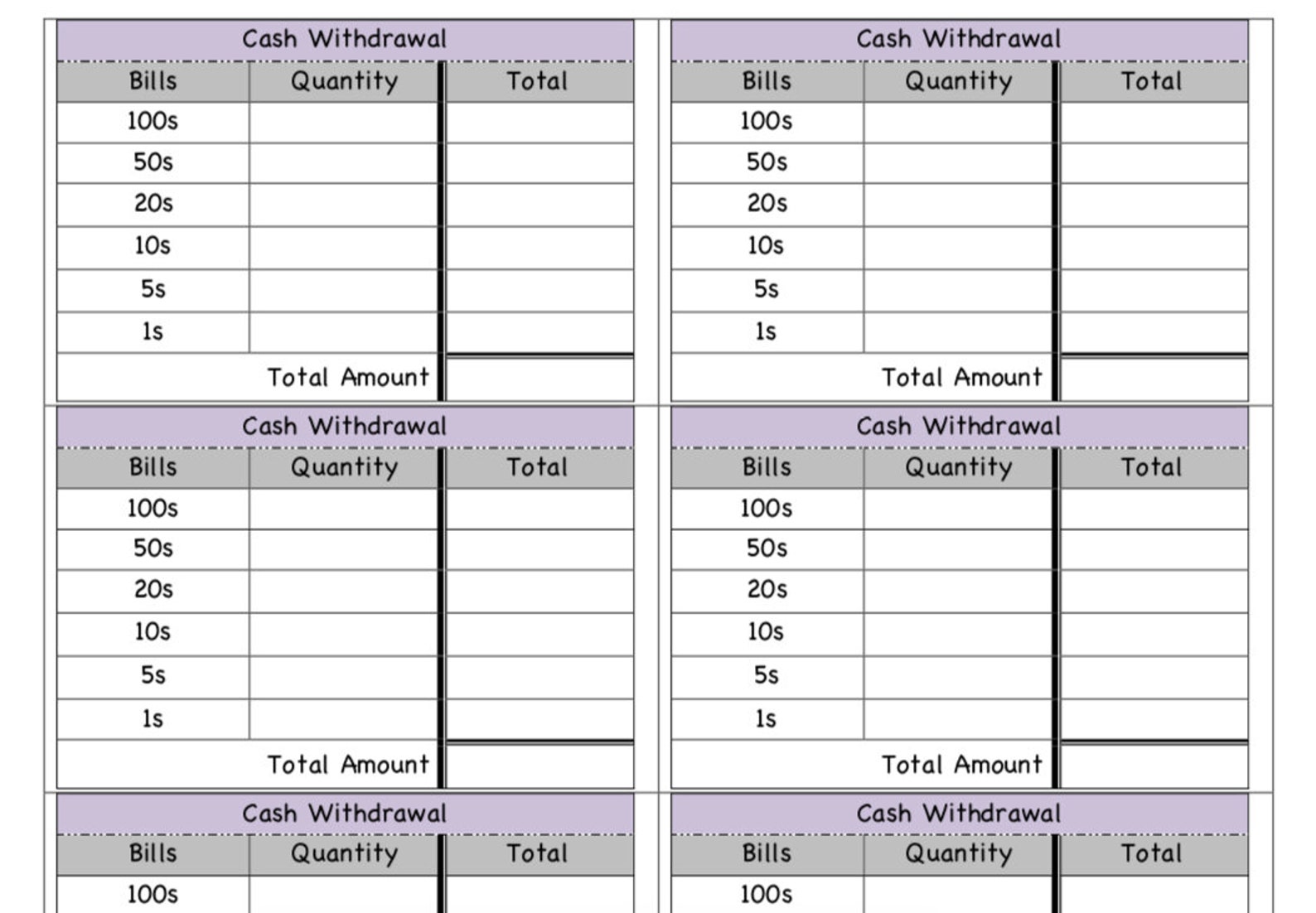 Printable Cash Withdrawal/Breakdown Slips Bank Teller Slips | Etsy