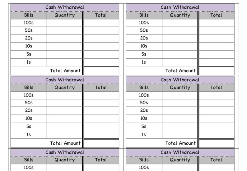 Printable Cash Withdrawal breakdown Slips Bank Teller Slips Etsy