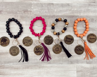 Personalized Engraved Wood Wristlet with Pendant, Beaded Bracelet with Tassel, Wood Keychain Bracelet, Custom Key Holder with Custom Pendant