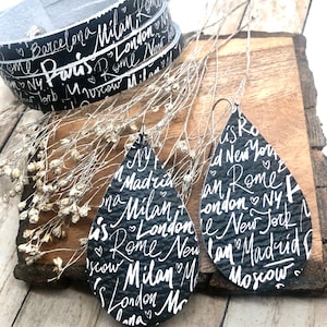 Rund um die Welt Lederohrringe und Armband-Set, echtes Leder, BOHO, Geschenk für sie, Muttertagsgeschenk, Tropfen Paris, Mailand, Rom