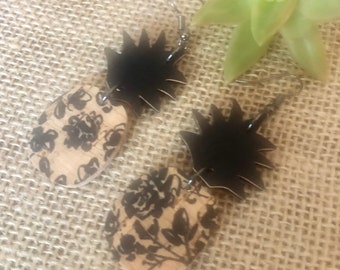 Boucles d’oreilles en cuir ananas, superposition de liège, cuir authentique, printemps, fête des mères, cadeaux pour elle