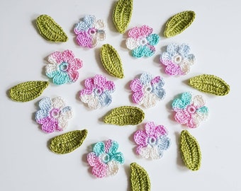 Small Crochet Flower Appliques, Crochet Flowers Set 10 Pieces with 10 Leaves, Handmade Cotton Flowers for Scrapbooking and Cardmaking