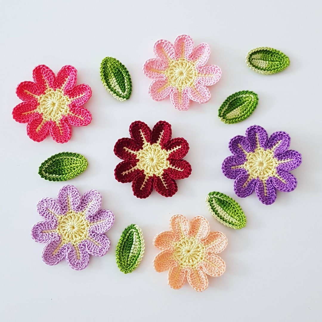 Crochet Flowers Set 6 Pieces With 6 Leaves | Clothes Hats Decoration ...
