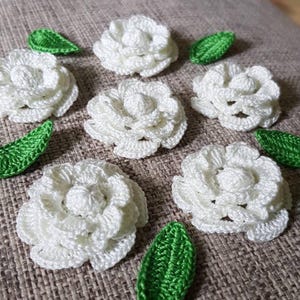 かぎ針編みの小さなタイ風ジャスミンの花6個セット（葉6枚付き）｜手作りジャスミンの花のアップリケ｜洋服の飾り