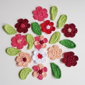 Set di fiori all'uncinetto da 10 pezzi con 10 foglie / Mini applicazioni di fiori all'uncinetto / Forniture per scrapbooking